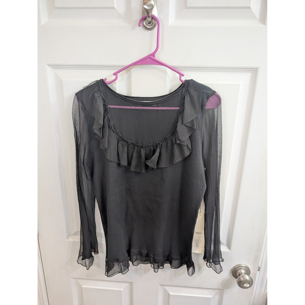 Sara Mique Silk Ruffle Blouse‎ Womens Black  Sheer Pleated Top - Size XL